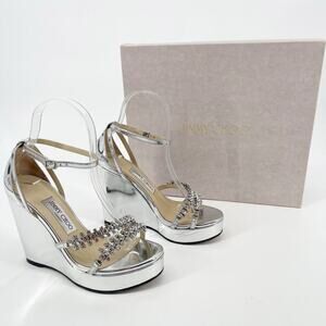 Jimmy Choo Silver Metallic Bing 120 Crystal Embellished Wedge Sandal size IT 37